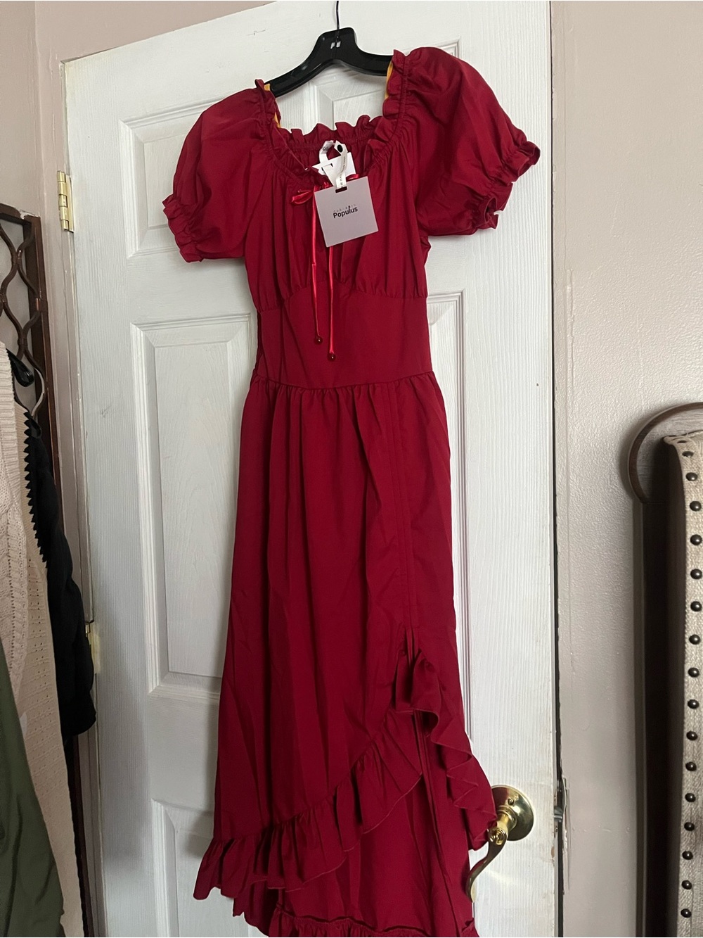 Populus Red Ruffle Puff Sleeve Midi Dress